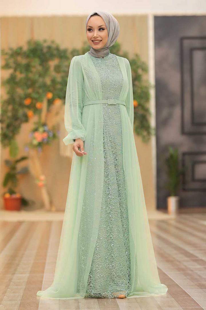 Elegant mint green modest Lace With Chiffon Overlay Gown featuring a delicate chiffon overlay