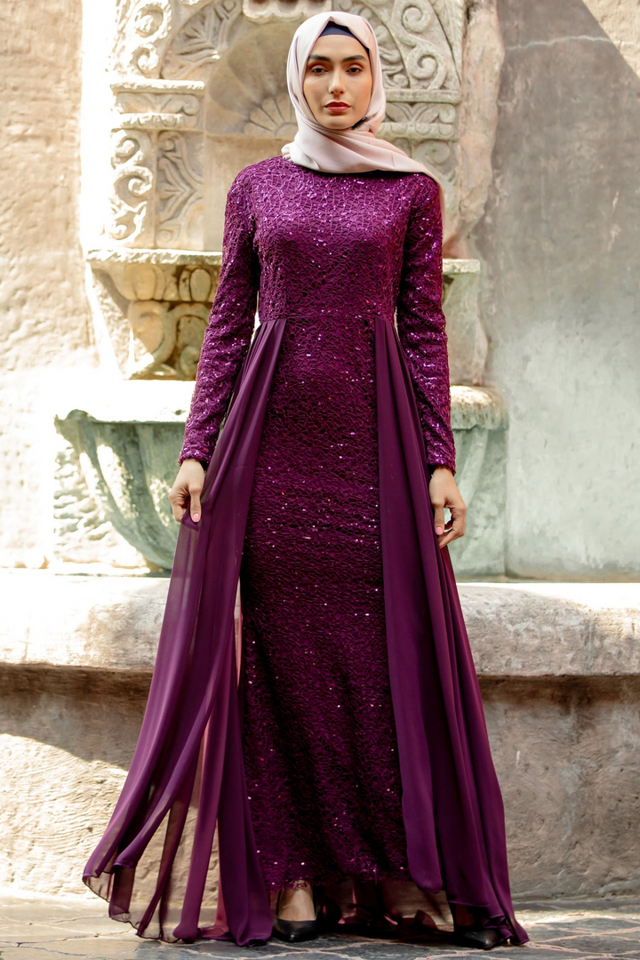 Elegant purple sequined maxi dress with chiffon skirt overlay for formal occasions