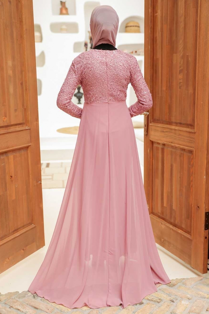 Long-sleeved pink lace maxi dress with chiffon skirt overlay for elegant occasions