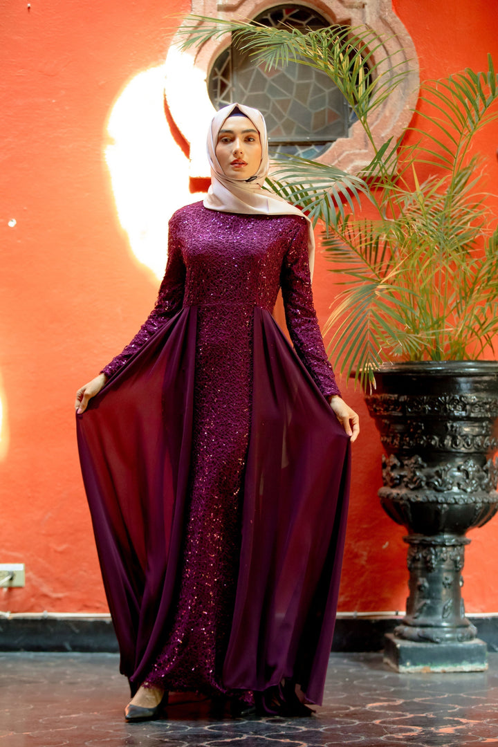 Elegant maroon maxi dress with hijab and lace attached skirt overlay