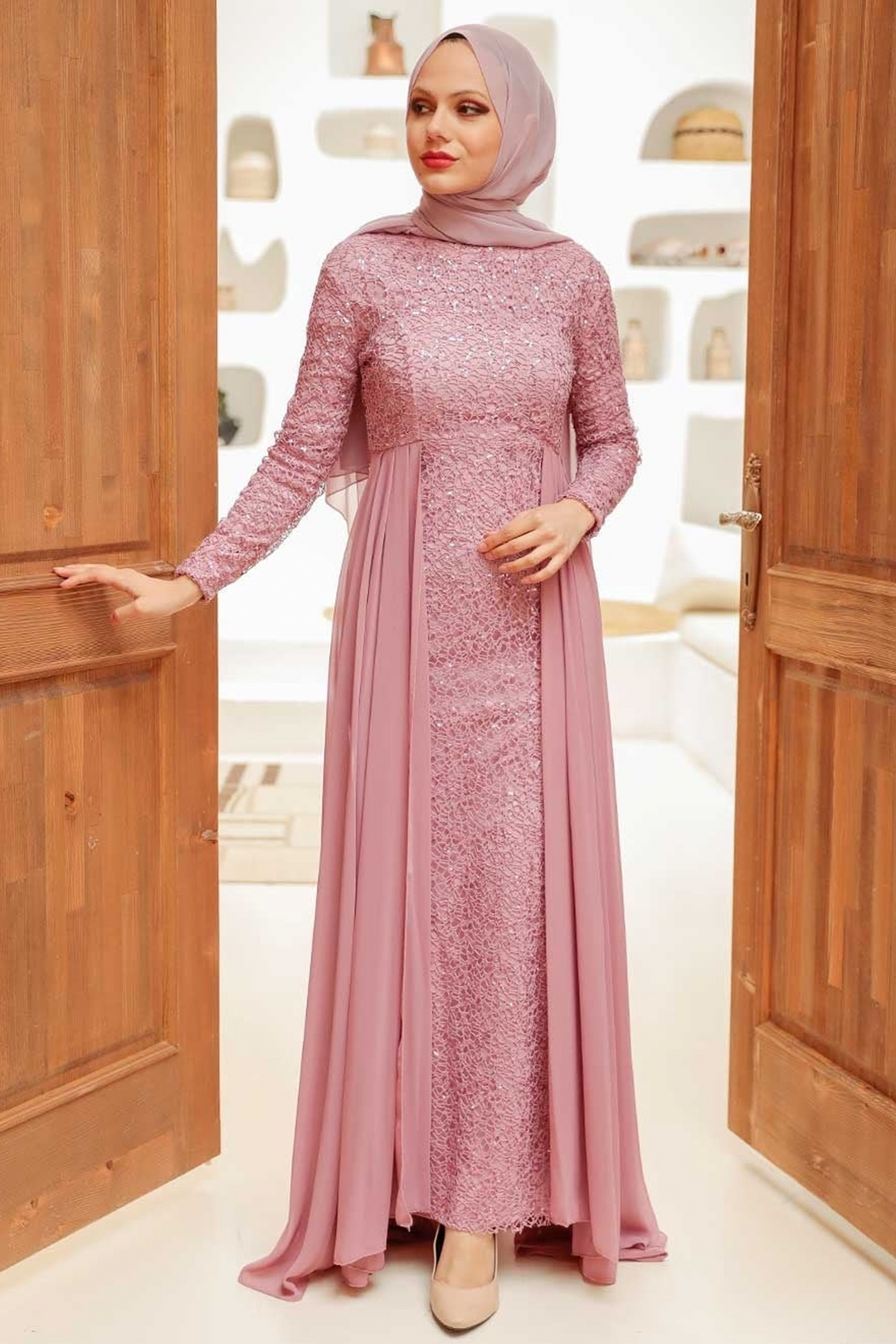 Elegant mauve modest dress with lace and chiffon attached skirt overlay in a maxi dress design