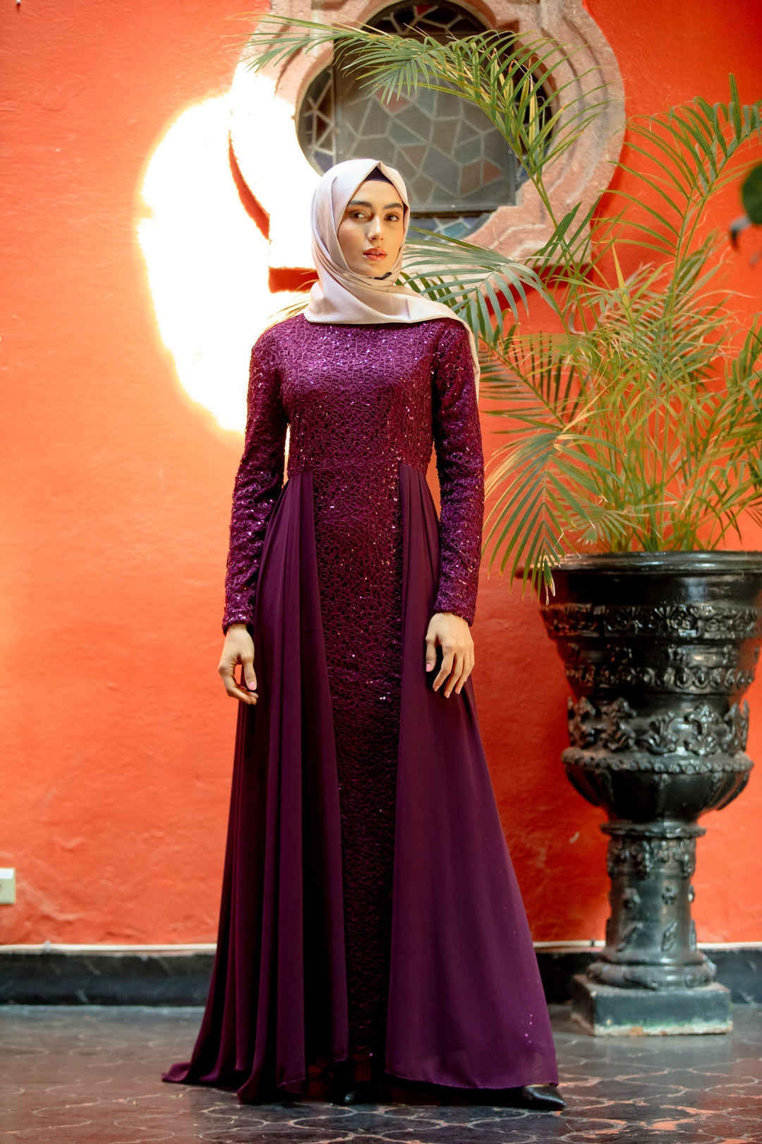 Elegant long-sleeved purple gown with hijab and attached skirt overlay for a stunning maxi dress