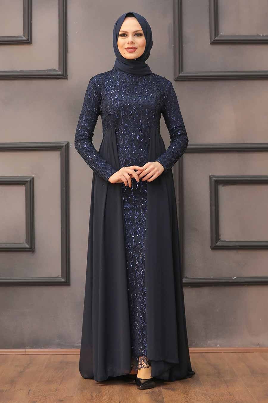 Elegant navy blue modest dress with lace and chiffon skirt overlay in a maxi dress design