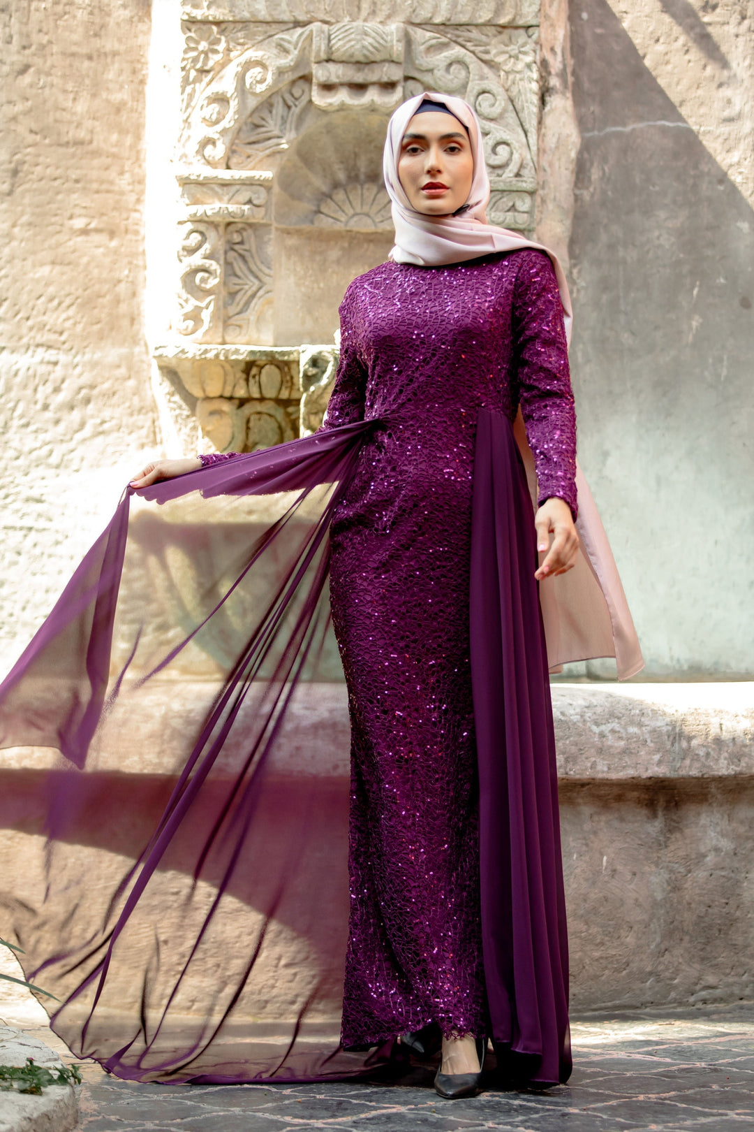 Elegant purple sequined gown with chiffon skirt overlay in stunning maxi dress style