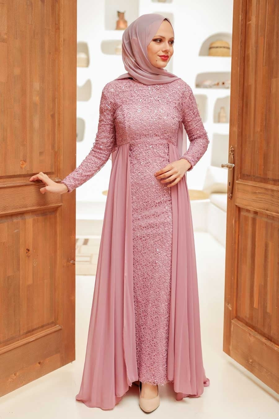 Dusty rose lace and chiffon modest dress with attached skirt overlay, perfect maxi dress