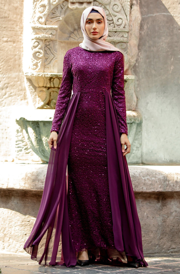 Elegant purple sequined modest dress with attached skirt overlay in maxi dress style