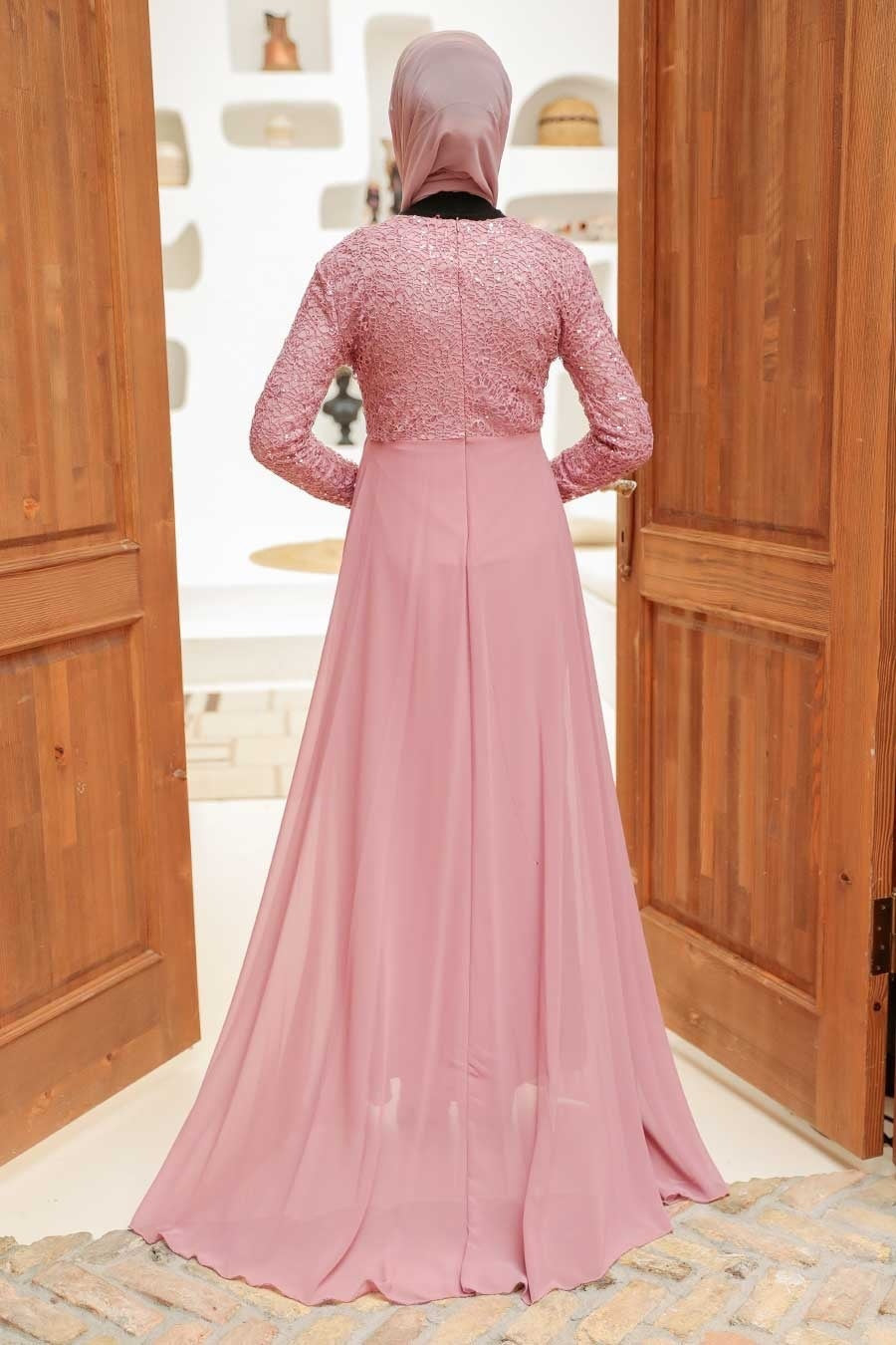 Pink long-sleeved chiffon dress with attached skirt overlay in Lace With Attached Chiffon Gown