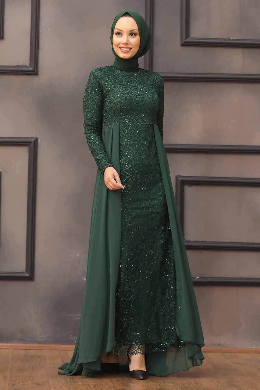 Emerald green modest dress with lace and attached chiffon skirt overlay maxi dress