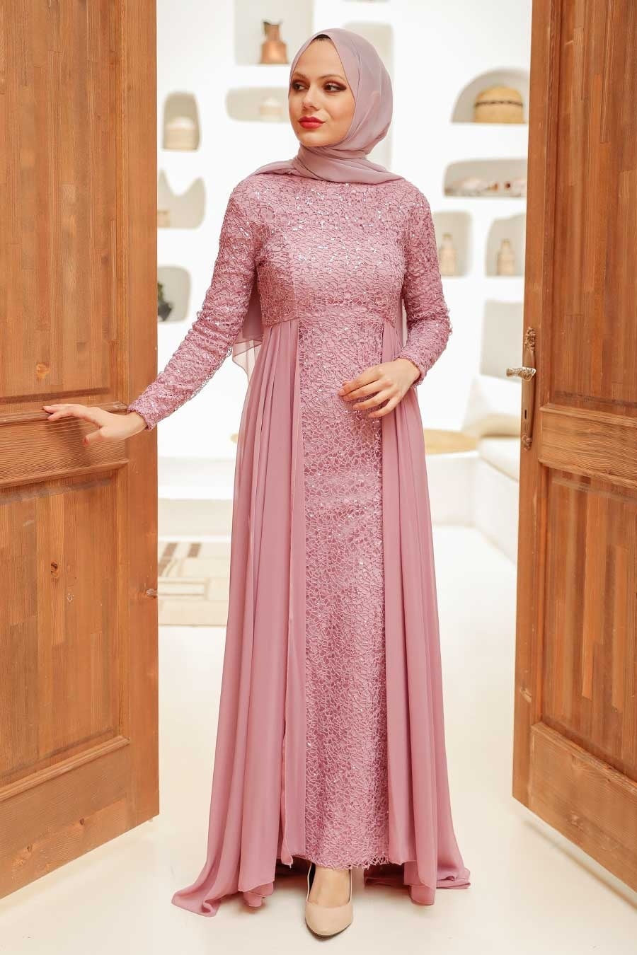 Long-sleeved pink lace maxi dress with hijab and attached chiffon skirt overlay