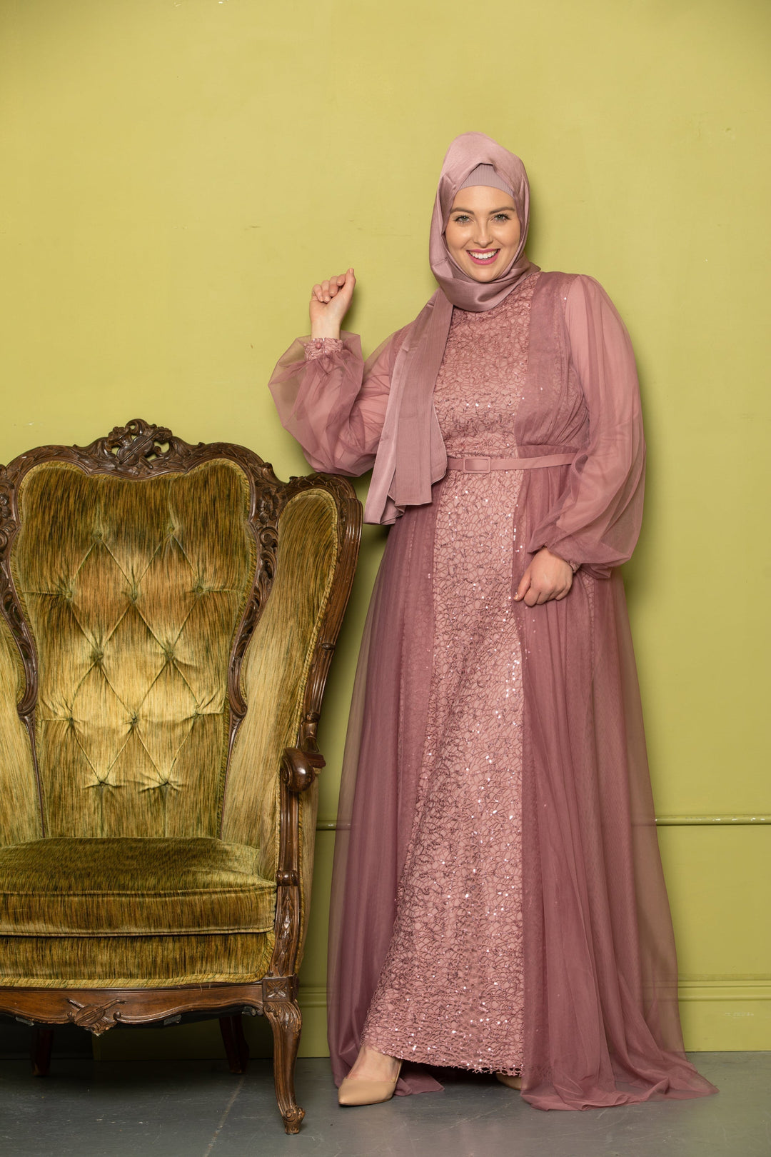 Elegant mauve modest dress featuring a lace with chiffon overlay gown design