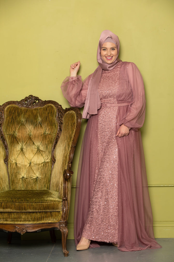 Elegant mauve modest dress featuring a lace with chiffon overlay gown design