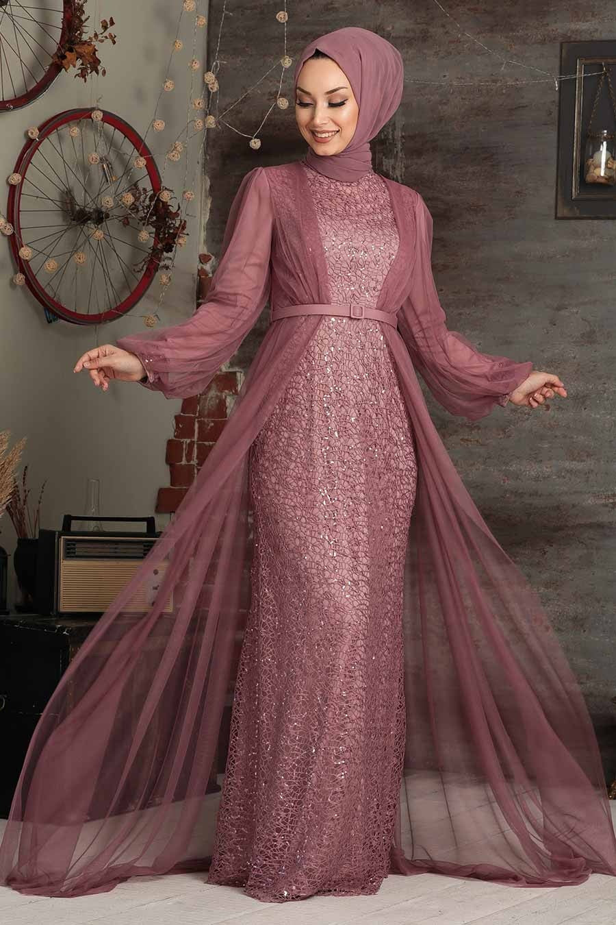 Dusty rose sequined belted dress with hijab and chiffon overlay gown design