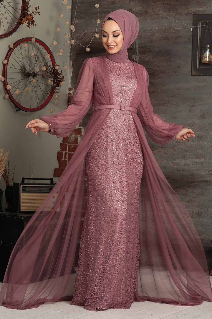 Dusty rose sequined belted dress with hijab and chiffon overlay gown design