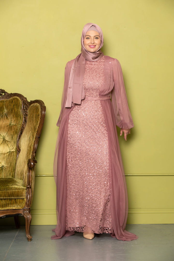 Elegant mauve modest dress featuring a lace with chiffon overlay gown design