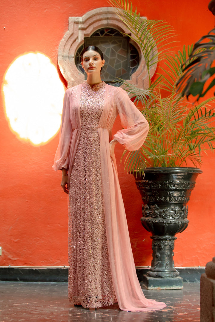 Elegant pink Lace With Chiffon Overlay Gown featuring a stunning chiffon overlay design