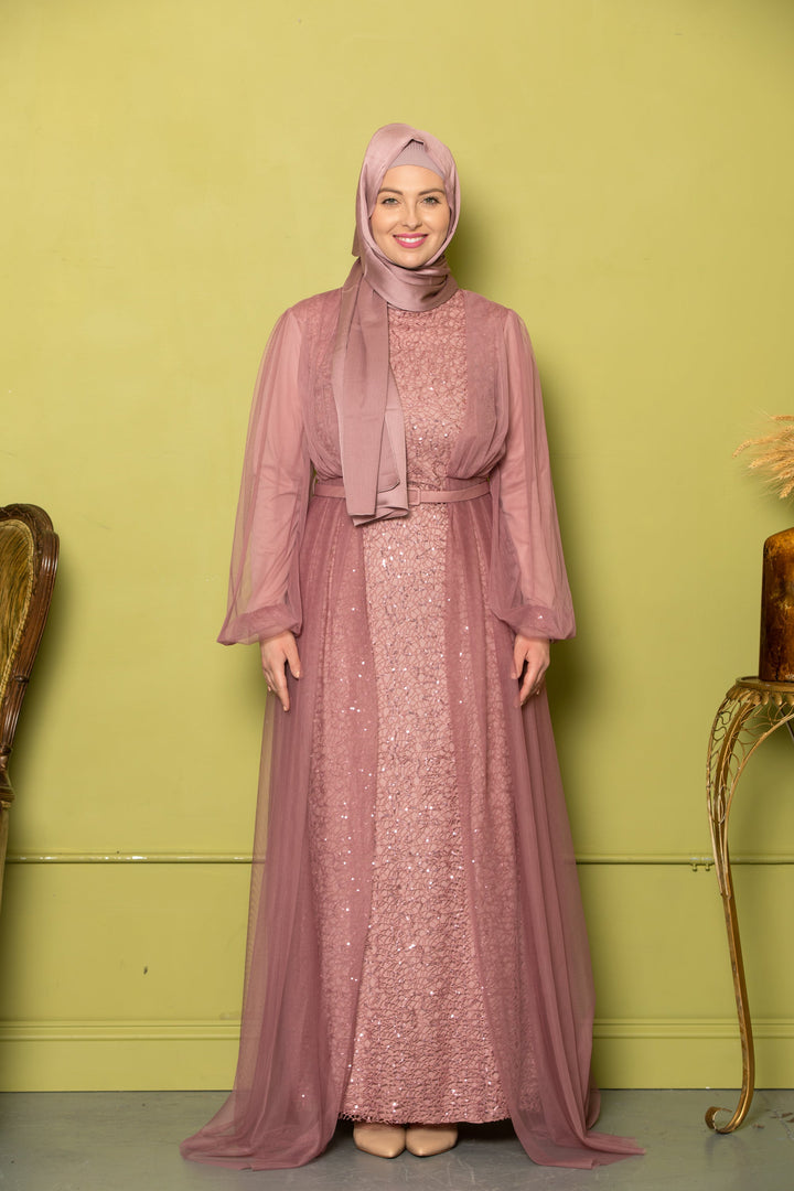 Dusty rose sequined gown with hijab showcasing a stunning chiffon overlay design