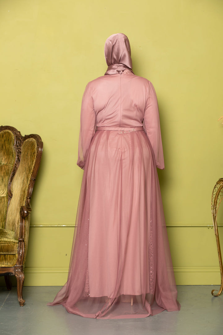 Dusty rose modest dress with hijab featuring a chiffon overlay gown design