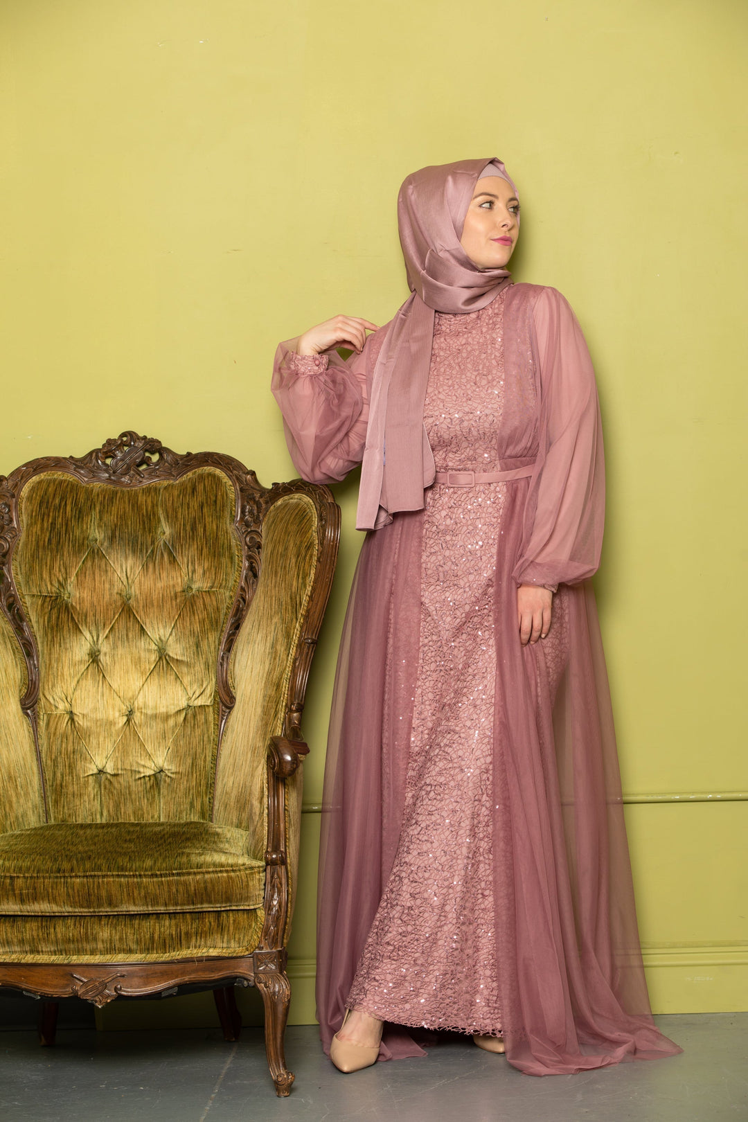 Elegant mauve modest dress with hijab, showcasing a stunning chiffon overlay gown