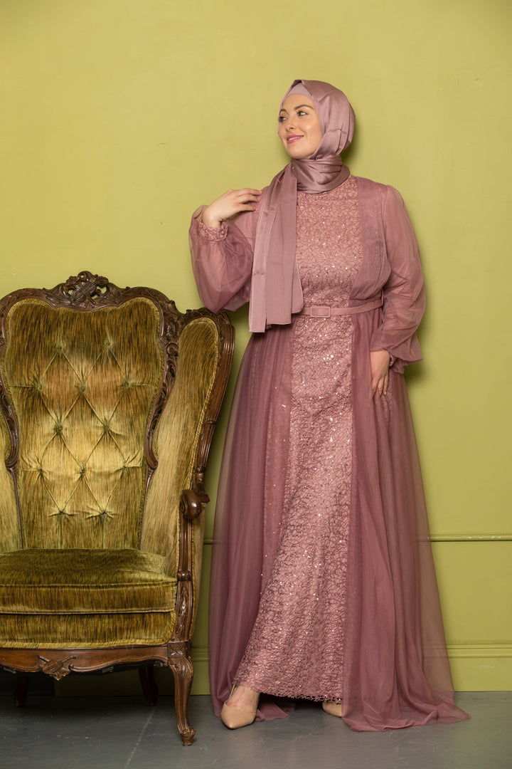 Mauve sequined long-sleeved dress with hijab from Lace With Chiffon Overlay Gown