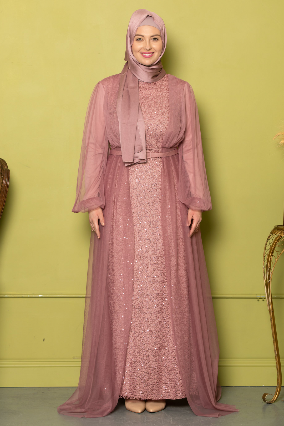 Elegant mauve modest Lace With Chiffon Overlay Gown suitable for formal occasions