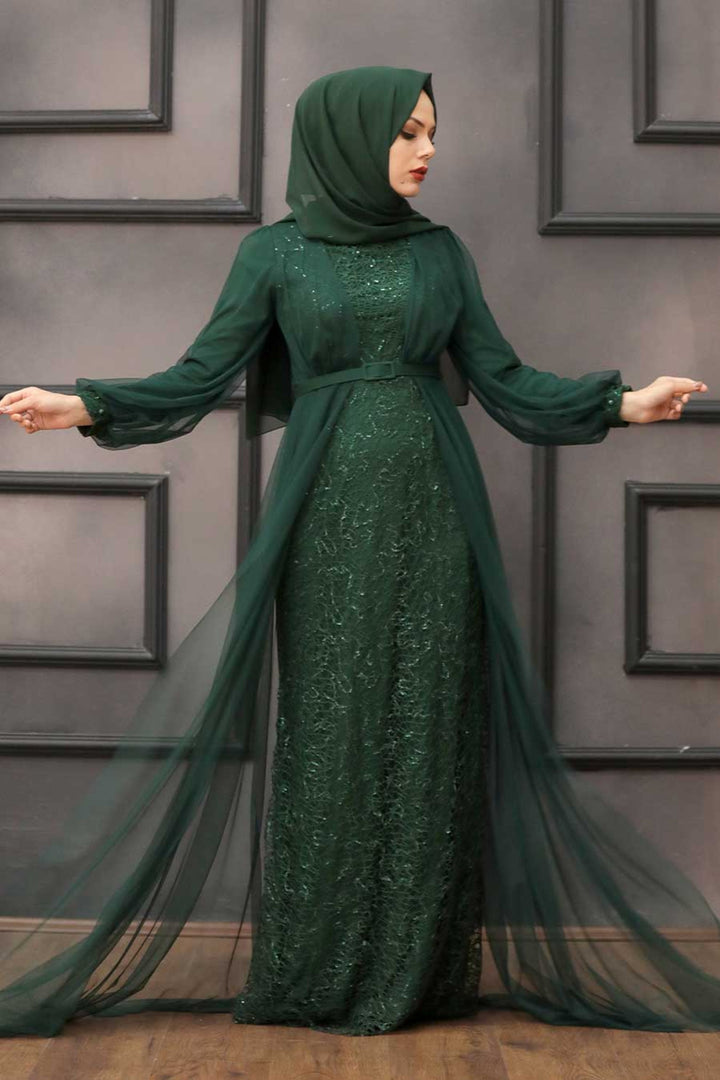 Elegant green modest Lace With Chiffon Overlay Gown with hijab for stylish occasions