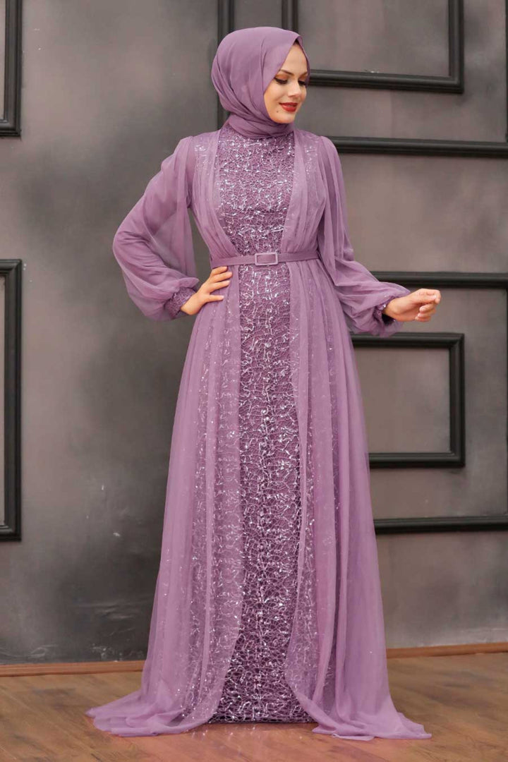 Elegant lavender sequined dress with chiffon overlay in Lace With Chiffon Overlay Gown