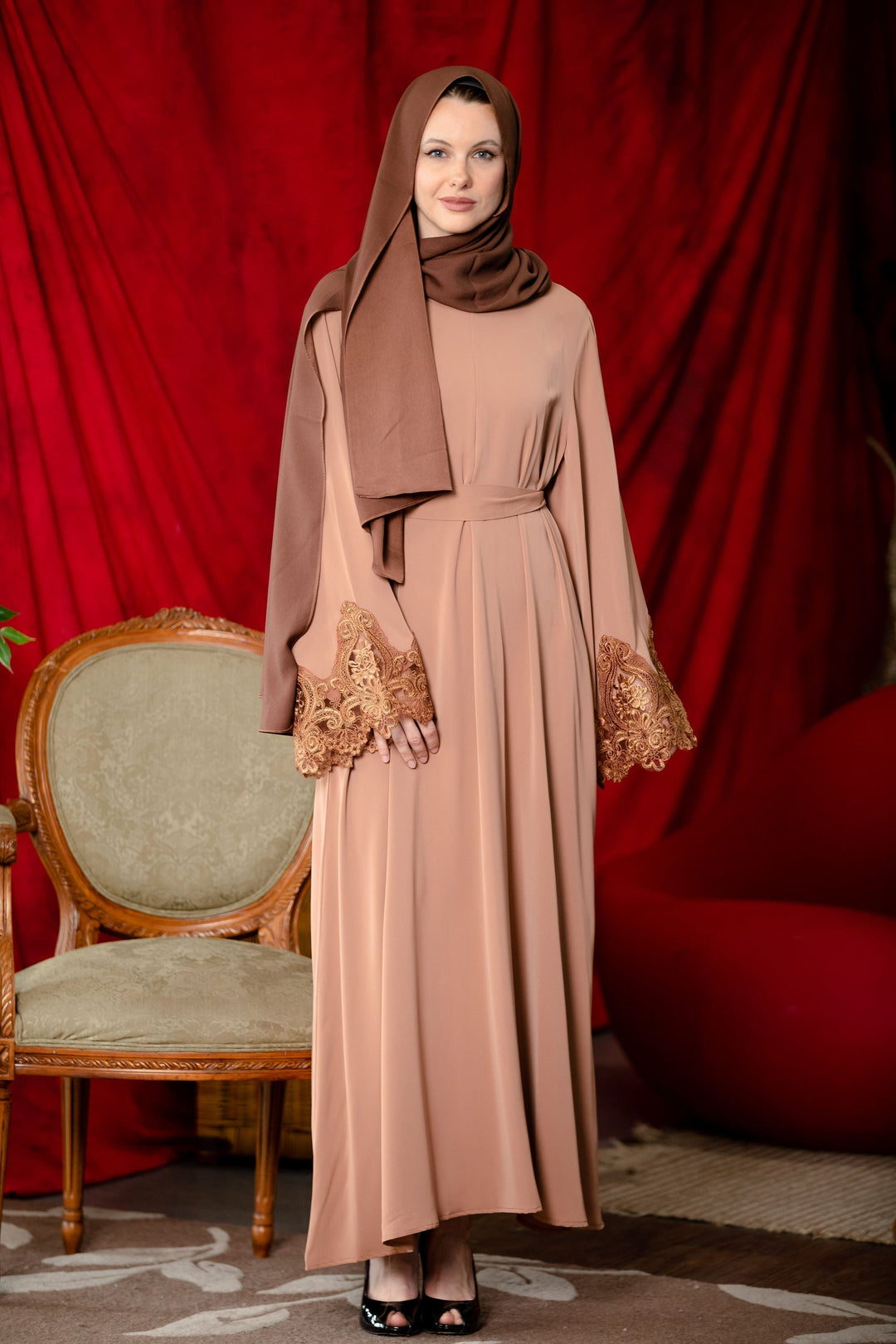 Elegant brown zipper abaya dress with lace sleeves for a modest, chic style