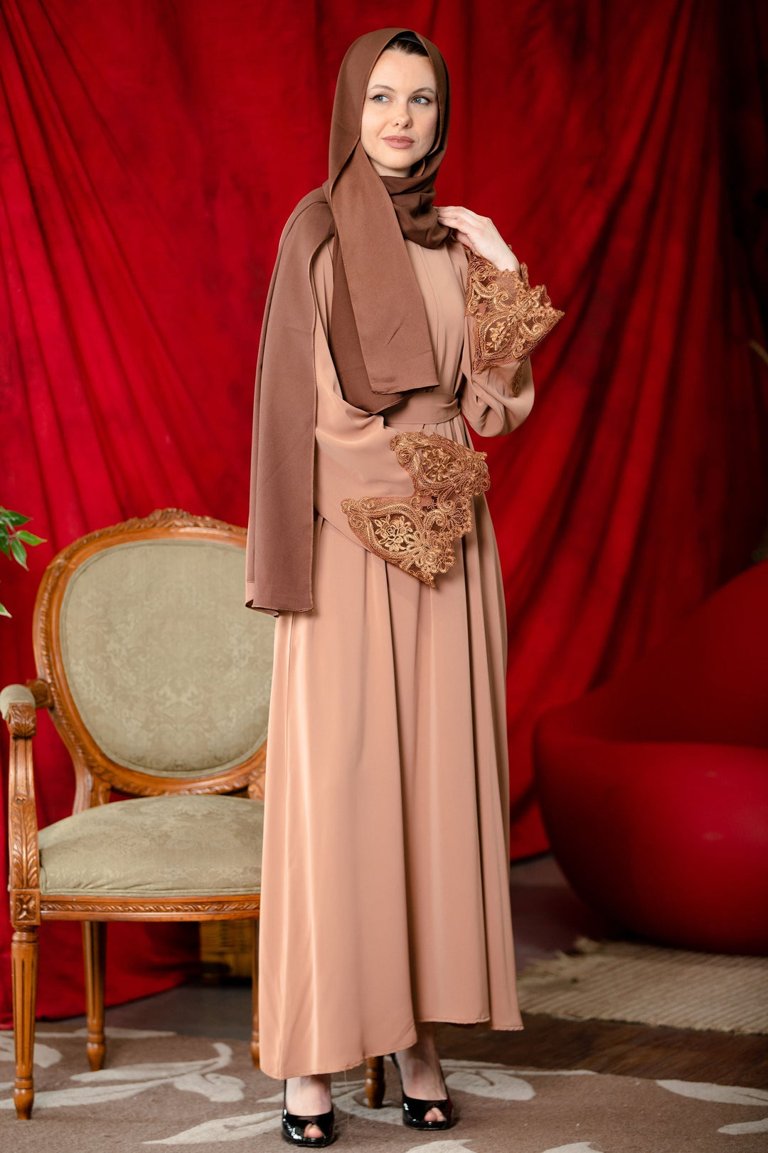 Elegant brown zipper abaya dress with lace kimono sleeves on clearance