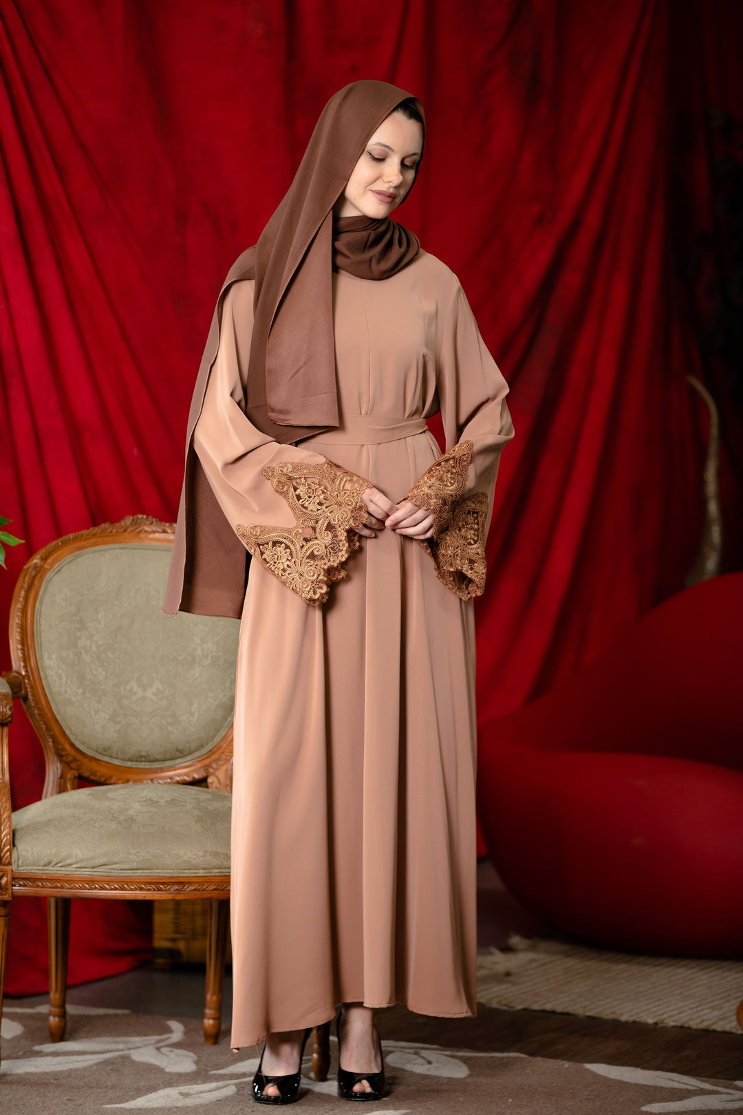 Latte Lace Sleeve Front Zipper Abaya Dress-CLEARANCE