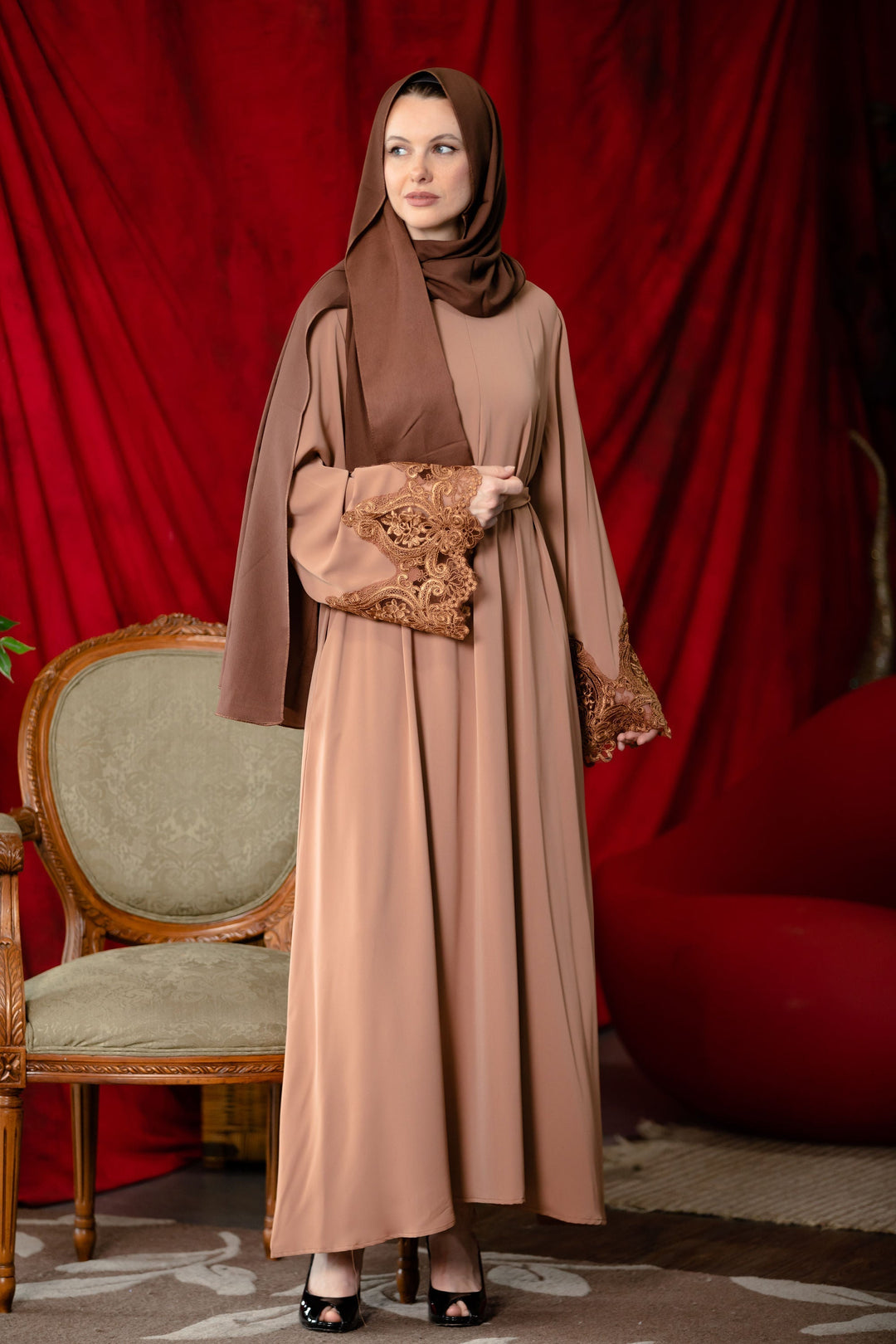 Elegant brown zipper abaya dress with lace sleeves and kimono style cuffs