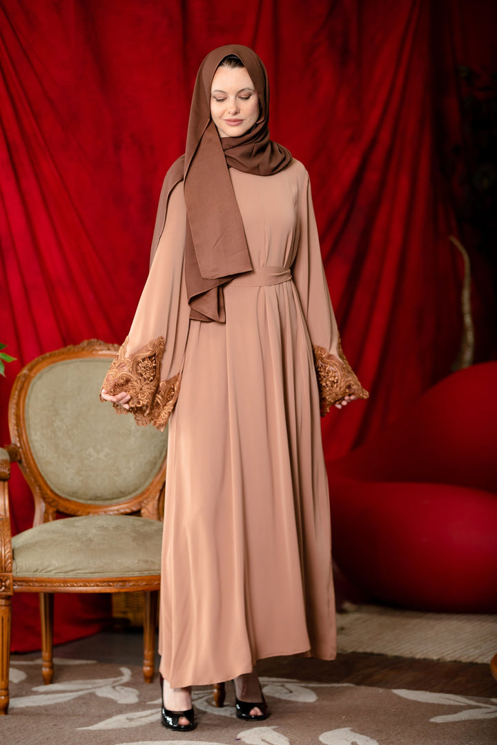 Brown zipper abaya dress with lace sleeves for a stylish modest look