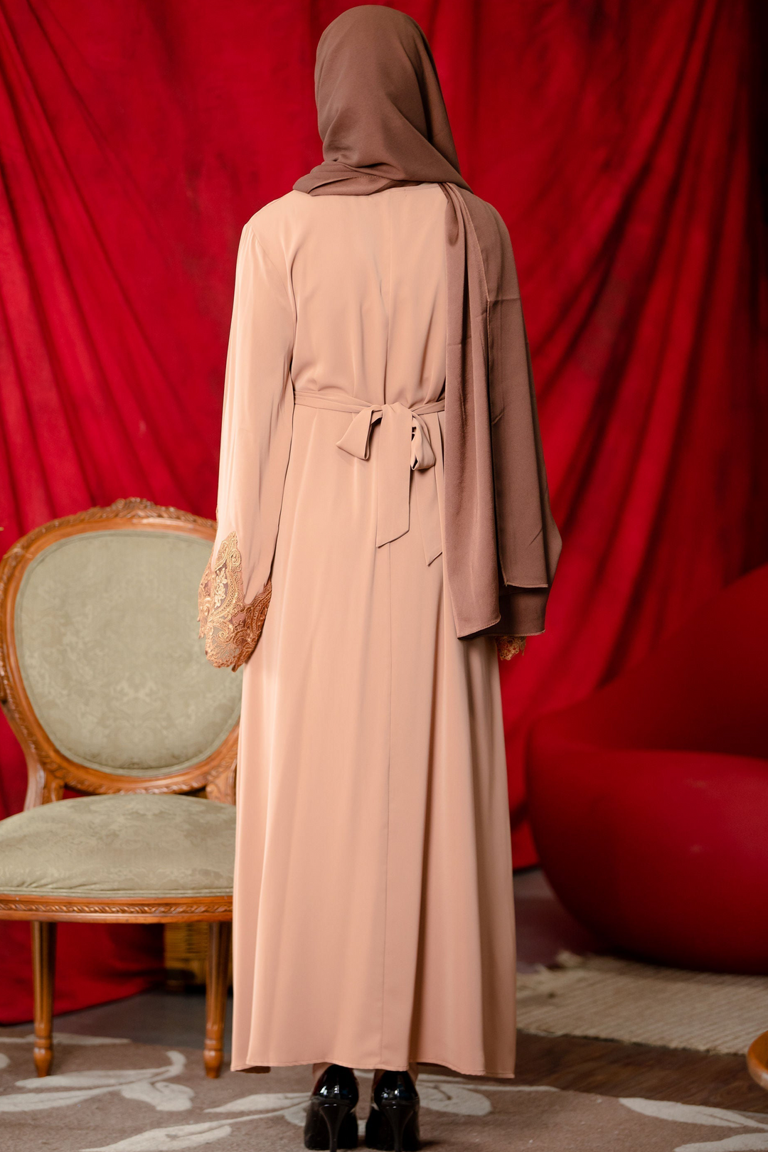 Modest brown zipper abaya dress with lace sleeve and hijab for stylish modest fashion