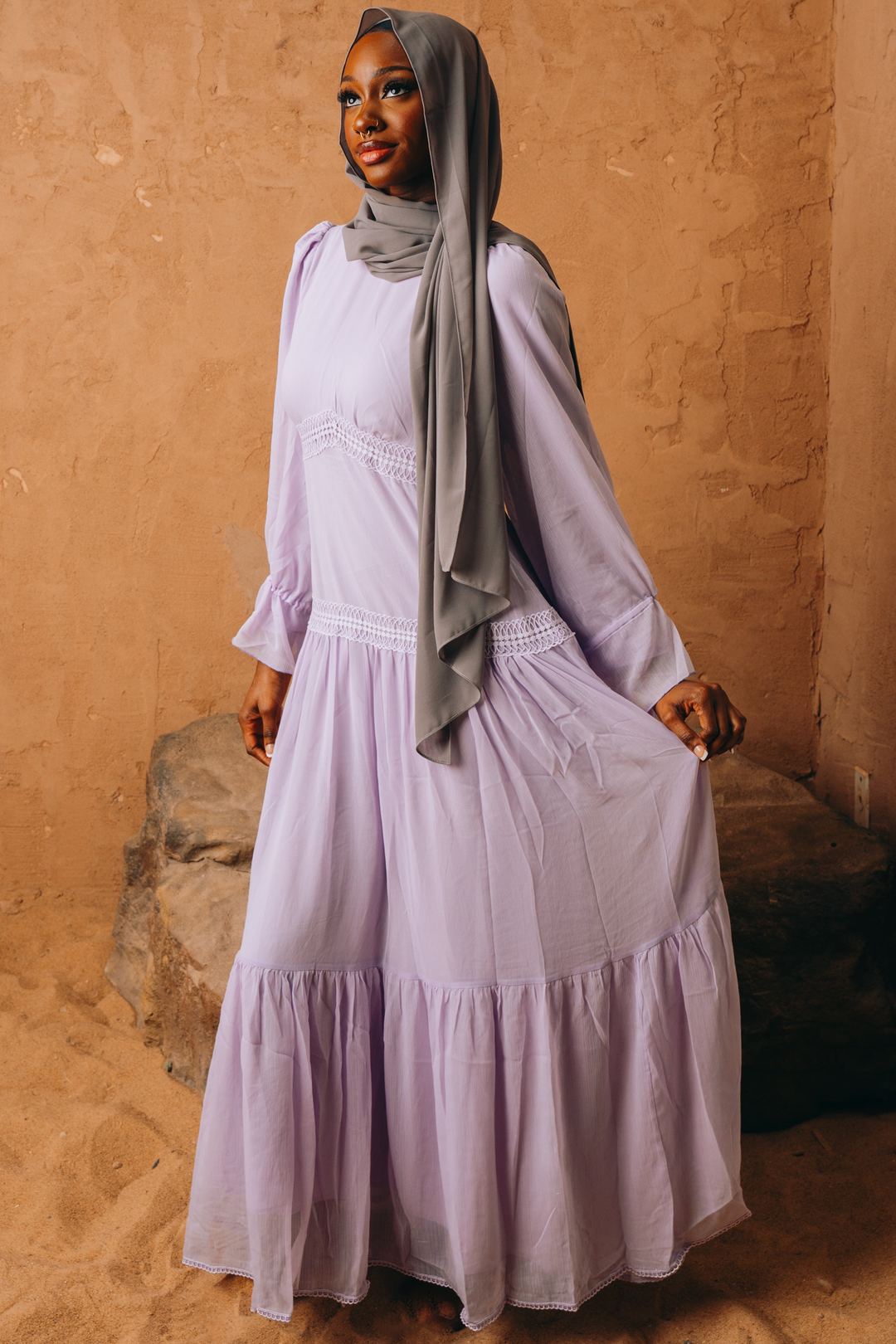 Lavender Lace Empire Waist Tiered Maxi Dress with gray hijab for a stylish look