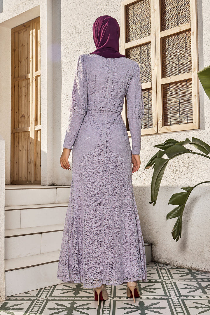 Lavender lace ruched waist long sleeve gown with hijab styled elegantly