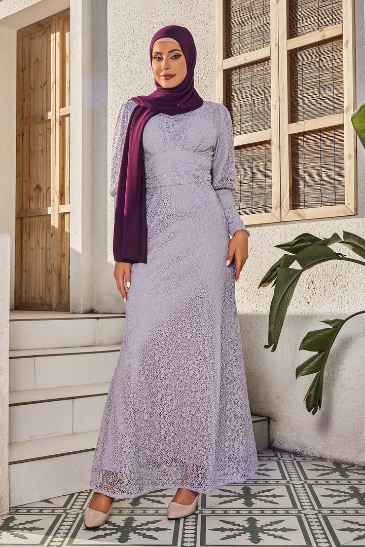 Lavender Lace Ruched Waist Long Sleeve Gown paired with a maroon hijab