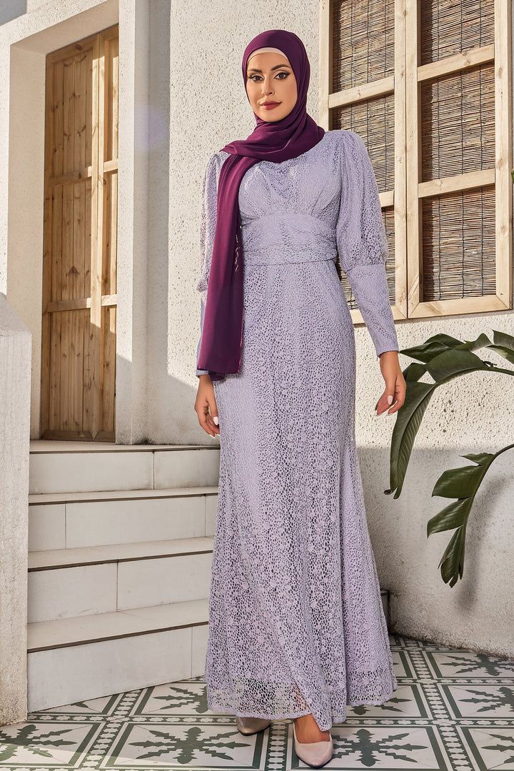 Lace ruched waist long sleeve gown in lavender with a maroon hijab for elegant style