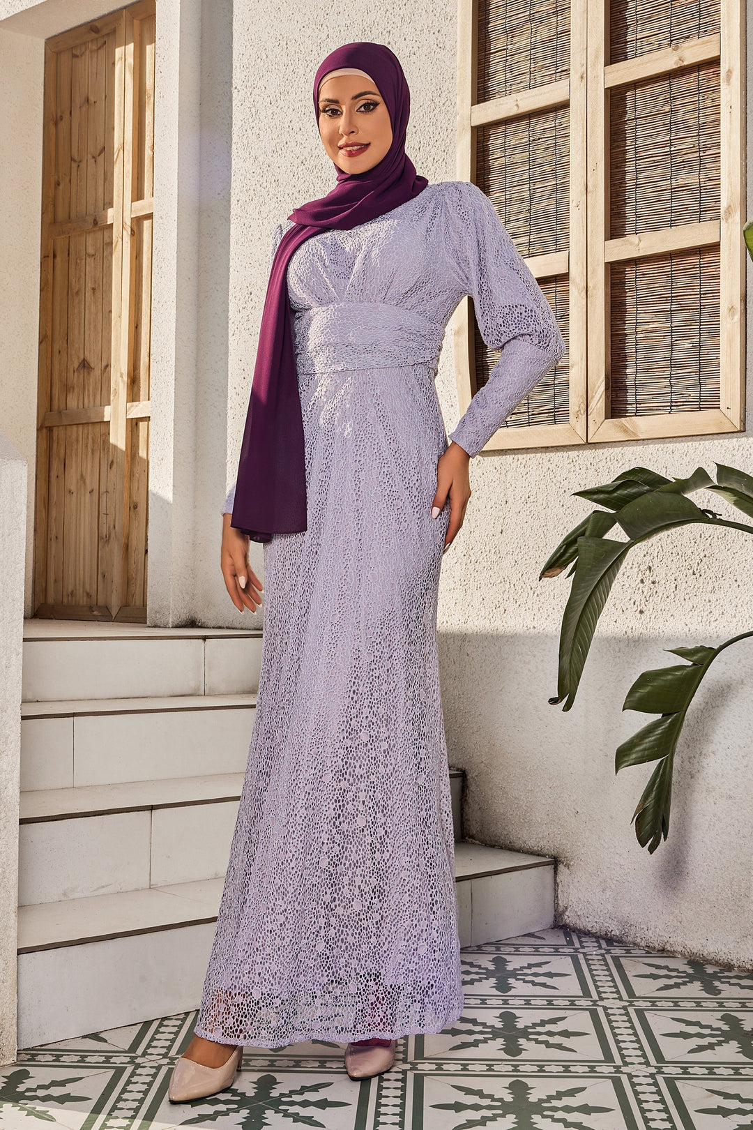 Lavender Lace Ruched Waist Long Sleeve Gown