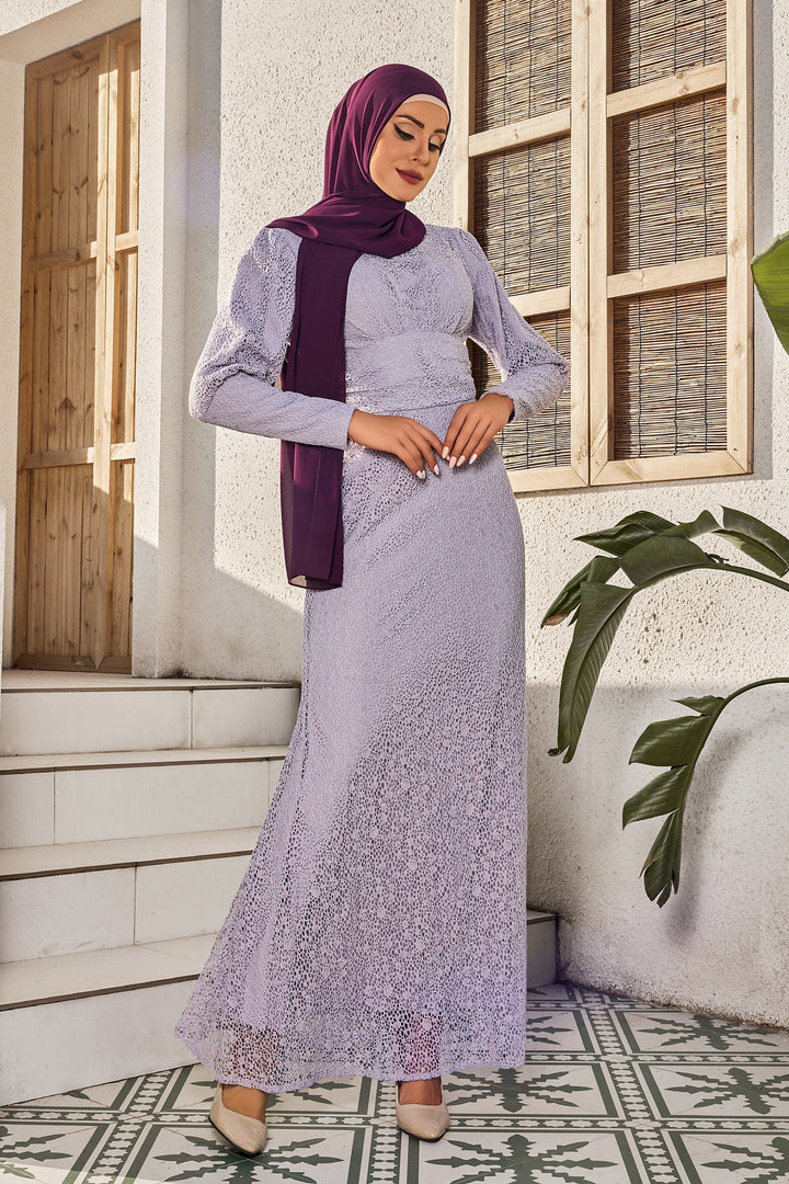 Woman in Lavender Lace Ruched Waist Long Sleeve Gown with hijab elegance