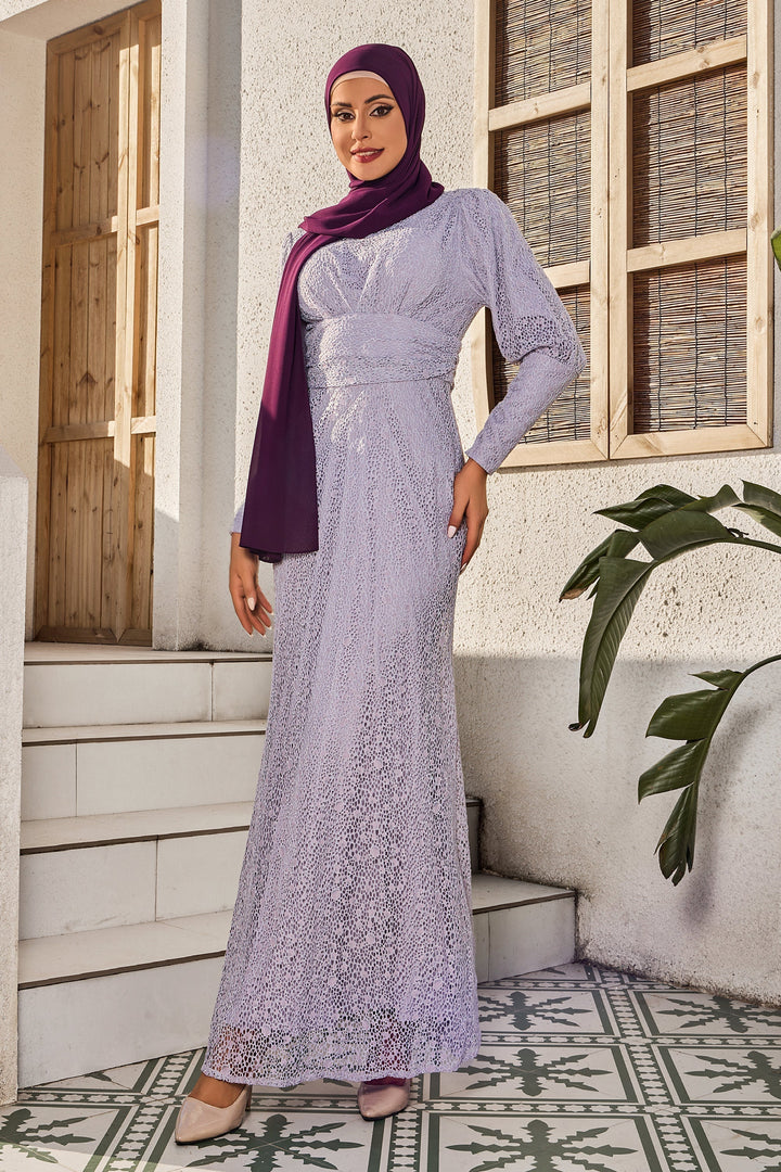 Woman wearing a Lavender Lace Ruched Waist Long Sleeve Gown with a hijab