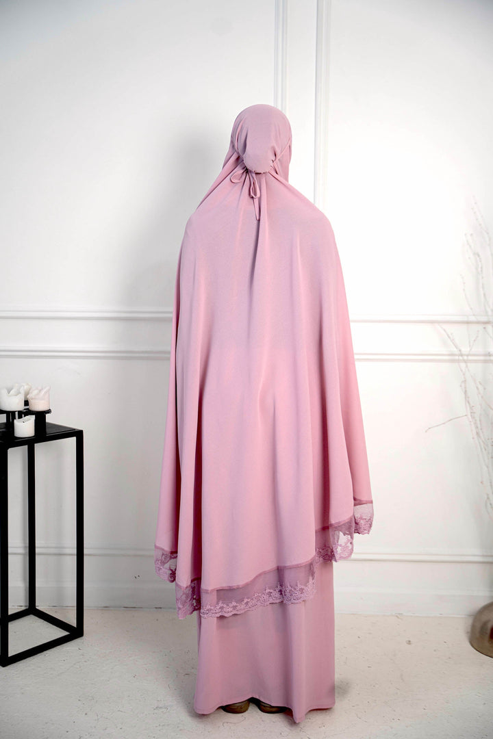 Pink Muslim prayer garment from the Lavender Lace Two Piece Salah Prayer Outfit