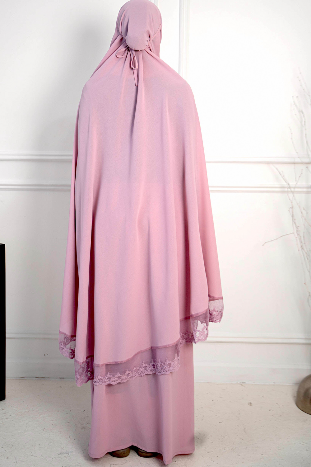 Pink Muslim Salah Prayer Outfit featuring Lavender Lace Two Piece design