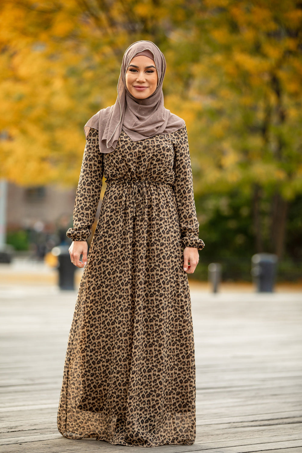 Leopard print maxi dress with hijab and drawstring long sleeves for stylish modest wear