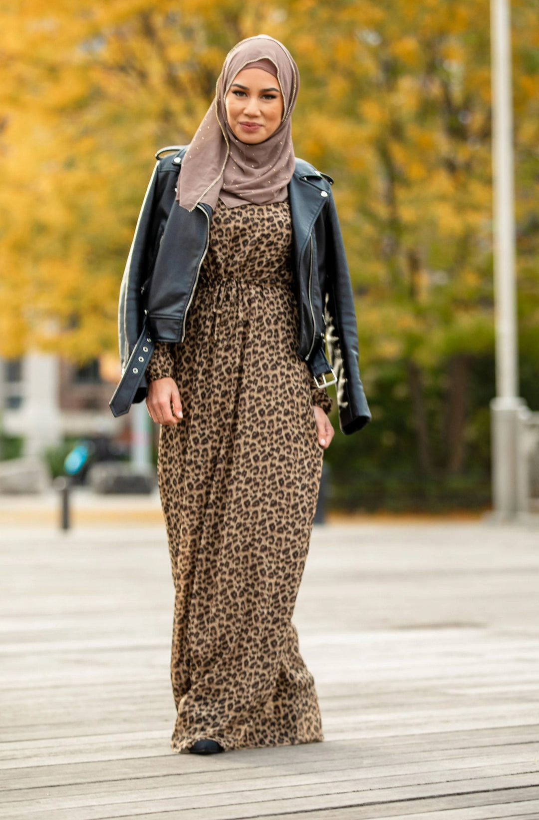 Leopard Print Drawstring Long Sleeve Maxi Dress styled with hijab and leather jacket