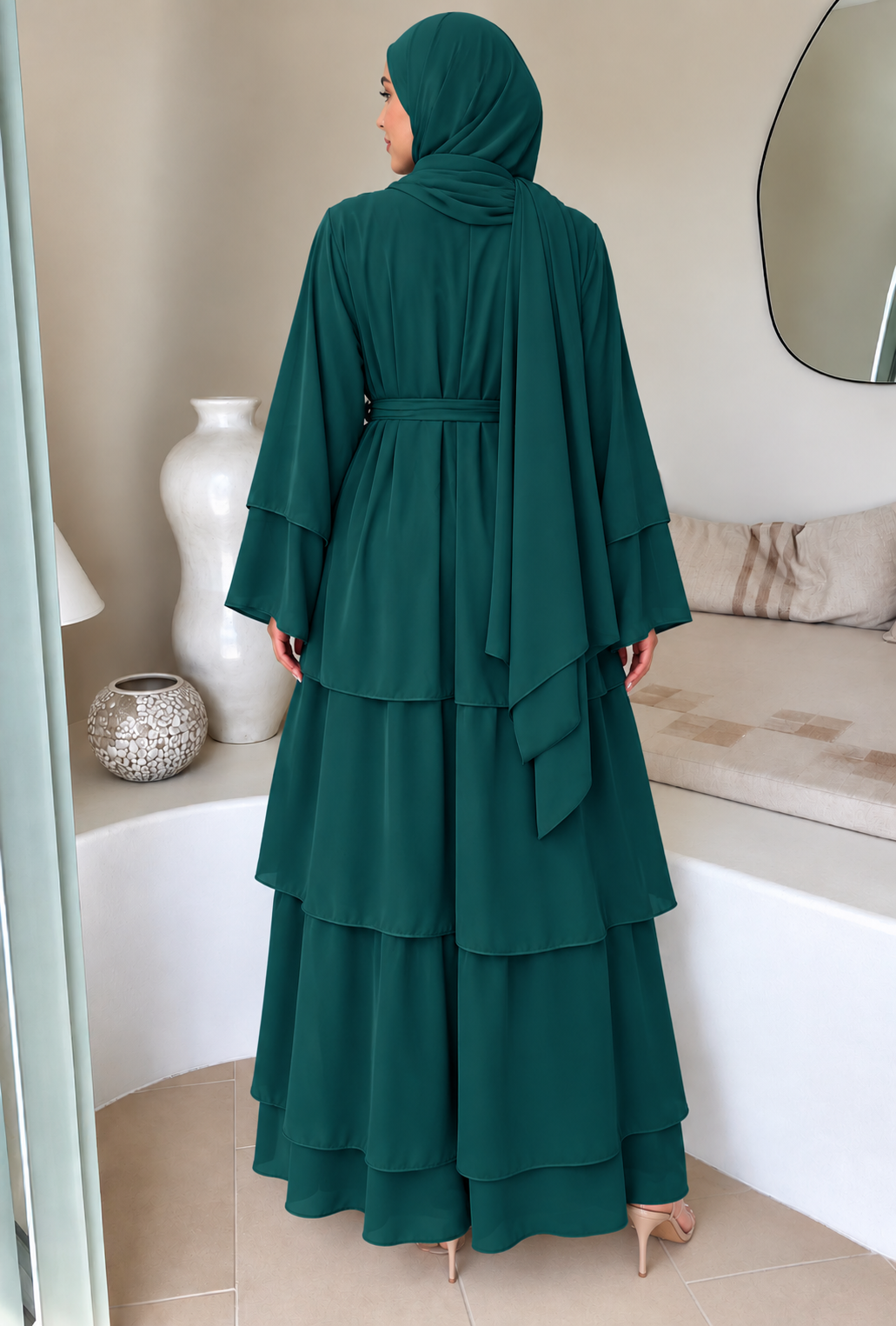 Teal Tiered Open Abaya and Hijab Set