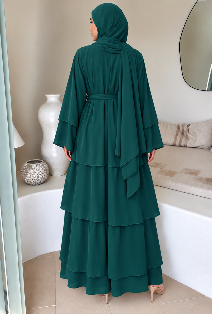 Teal Tiered Open Abaya and Hijab Set