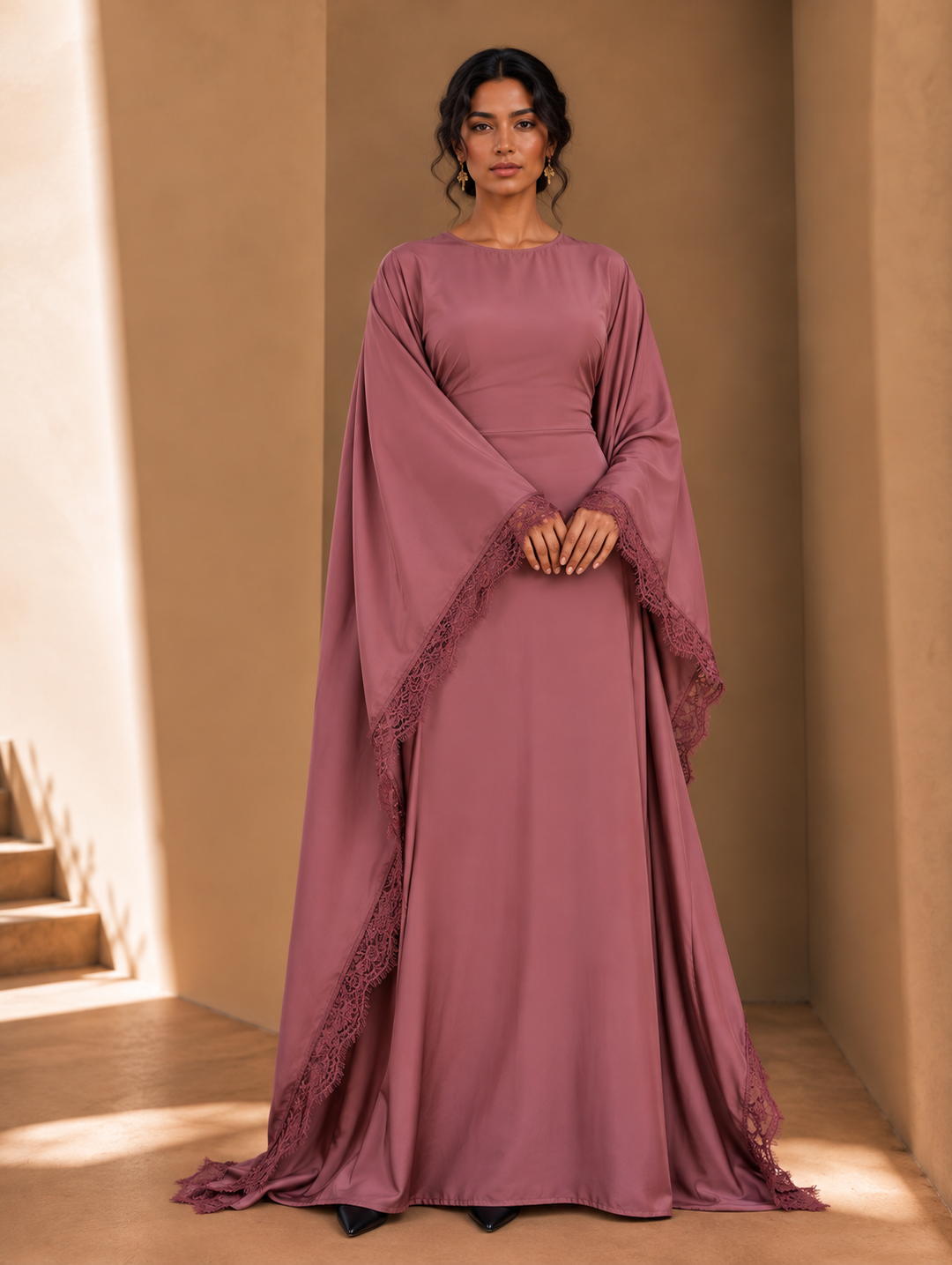 Blush Pink Satin Lace Butterfly Abaya