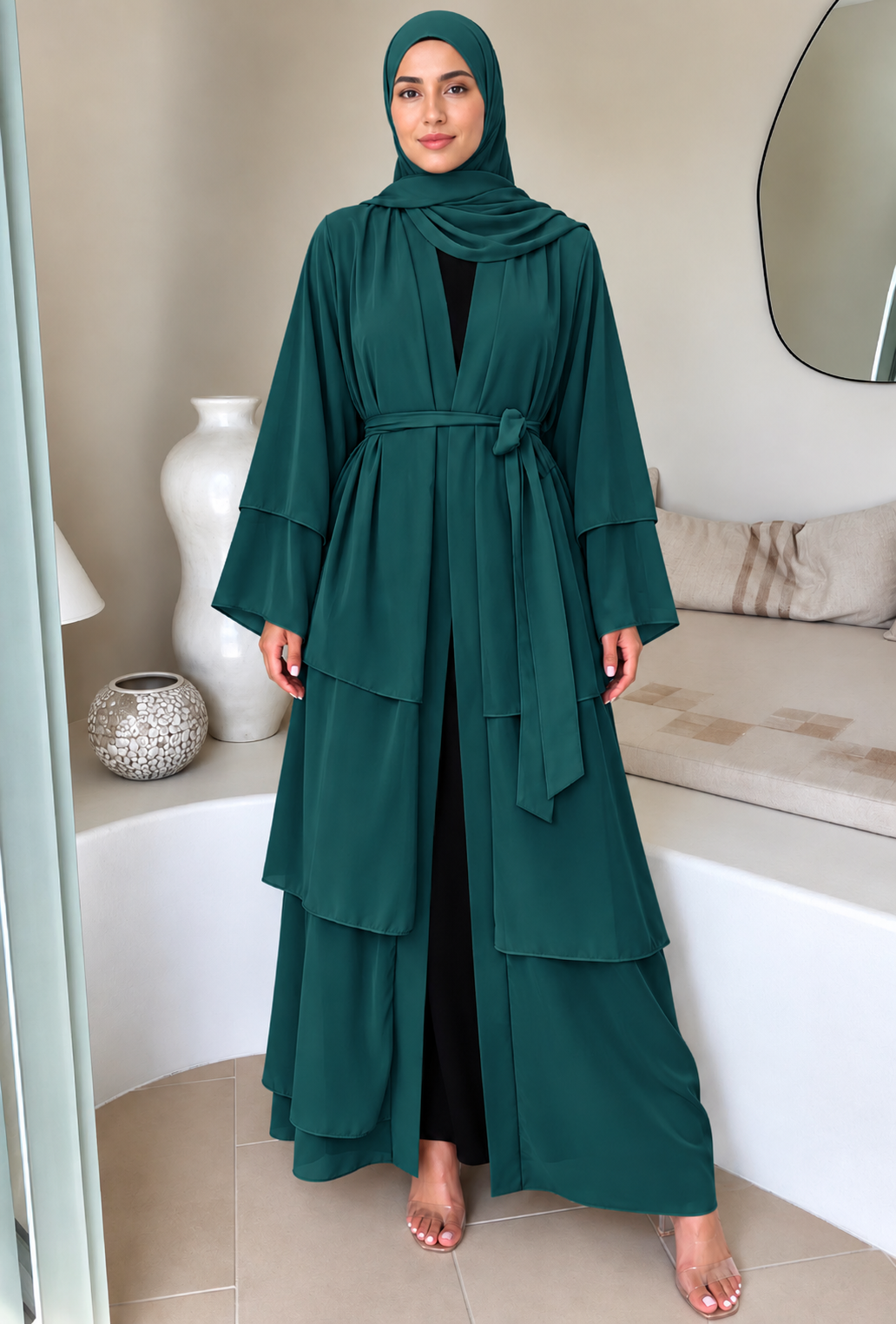Teal Tiered Open Abaya and Hijab Set