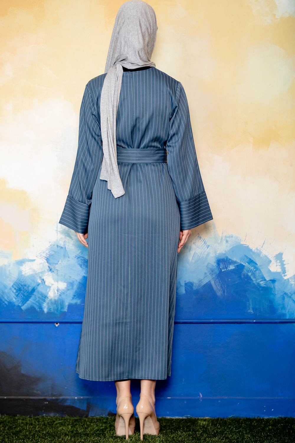 Light Blue Pinstripe Kimono Sleeve Abaya-CLEARANCE