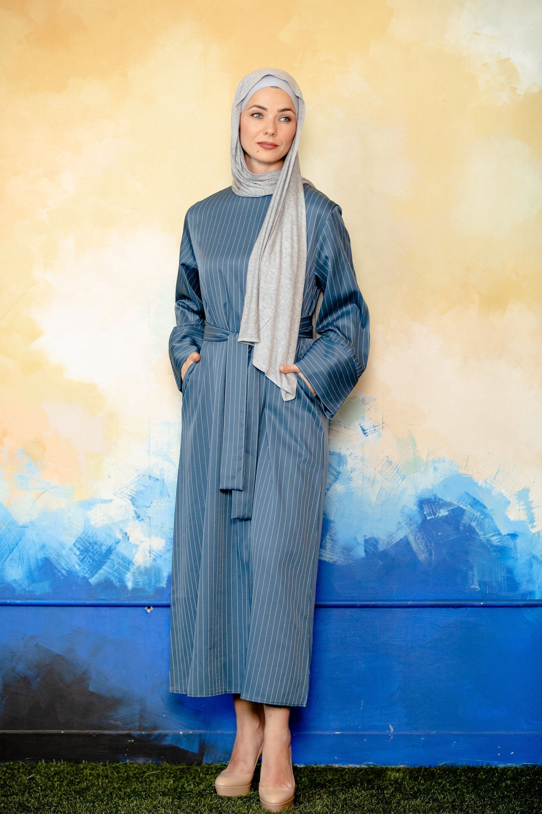 Light Blue Pinstripe Kimono Sleeve Abaya-CLEARANCE