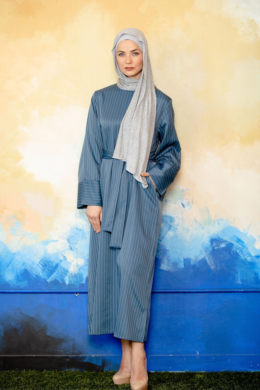 Light Blue Pinstripe Kimono Sleeve Abaya-CLEARANCE